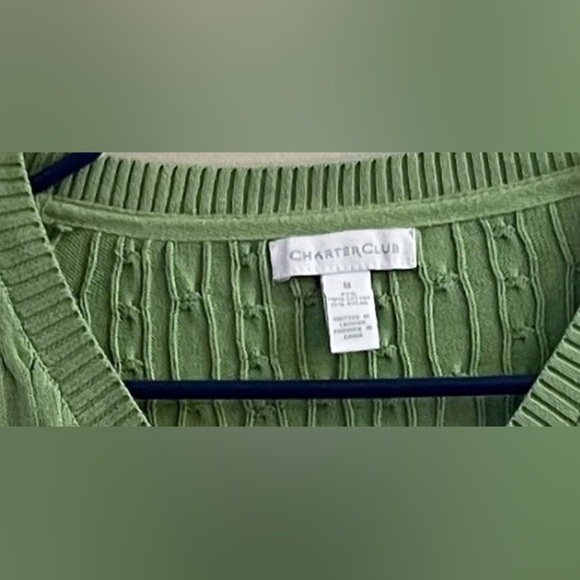Charter Club Cotton V-neck Cable Knit Light Green Sweater Fall Preppy Classic - Picture 4 of 6